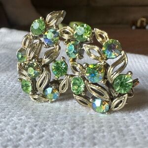 Vintage Lisner 1950s Gold and Green Crystal Leaf Earrings Perfect Condition